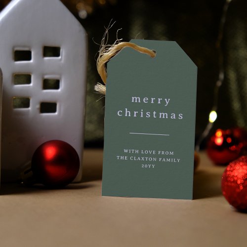 Minimalist Merry Christmas  Family Name Green Gift Tags