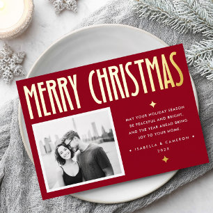 Minimalist Merry Christmas modern retro deep red Foil Holiday Card