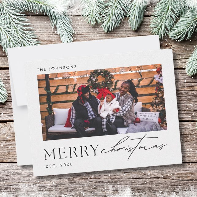 Minimalist Merry Christmas Photo Card (A holiday-themed family Christmas card featuring a family in a cozy outdoor setting)