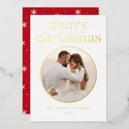 Minimalist Merry Christmas Photo Red and Gold Foil Holiday Card