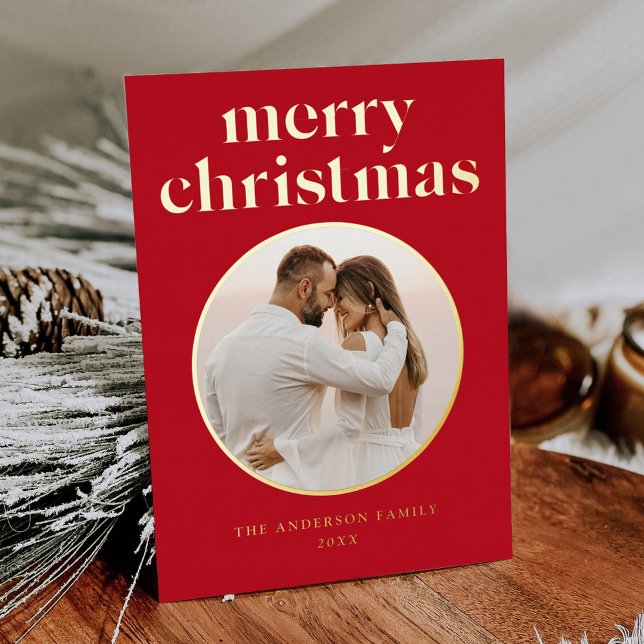Minimalist Merry Christmas Red Photo Foil Holiday Card (Creator Uploaded)