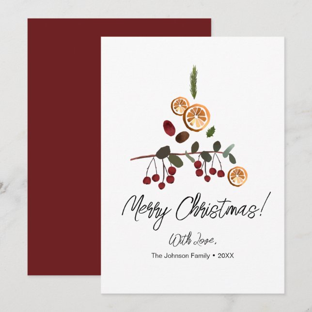 Minimalist Merry Christmas Rustic Tree foliage  Holiday Card (Front/Back)