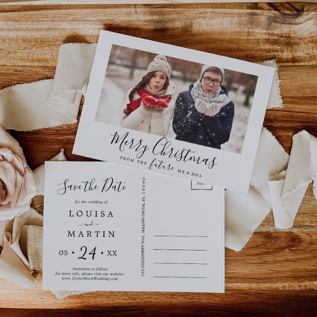 Minimalist Merry Christmas Save the Date Photo Holiday Postcard (Creator Uploaded)