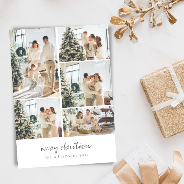 Minimalist Merry Christmas Script 6 Photo Collage  Holiday Card (Creator Uploaded)