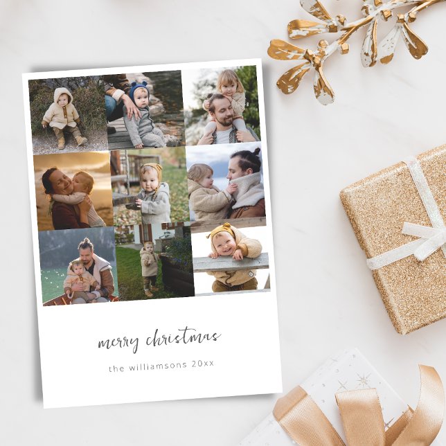 Minimalist Merry Christmas Script 9 Photo Grid Holiday Card (Creator Uploaded)