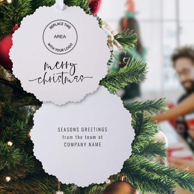 Minimalist Merry Christmas Script Logo Company Ornament Card (Front and back view)
