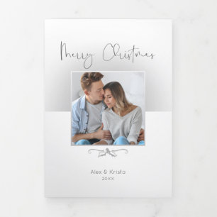 Minimalist Merry Christmas Script/Photo-Silver Tri-Fold Card