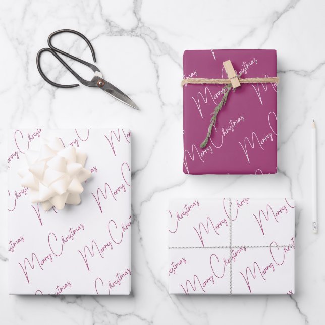 Minimalist Merry Christmas Script Purple Wrapping Paper Sheets (Front)