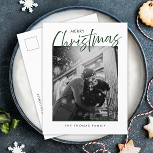 Minimalist Merry Christmas Simple Green Photo Holiday Postcard
