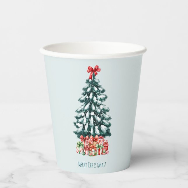 Minimalist Merry Christmas Snowy Pine Tree Paper Cups (Front)