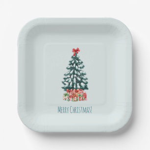 Minimalist Merry Christmas Snowy Tree Paper Plates