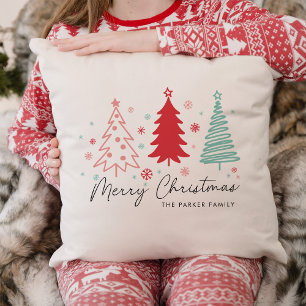 Minimalist Merry Christmas Tree Family Name Throw Pillow