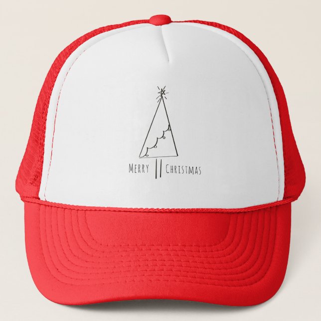 Minimalist Merry Christmas Tree Line Art Trucker H Hat (Front)