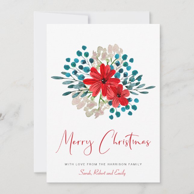 Minimalist Merry Christmas Winter Florals Festive Holiday Card (Front)