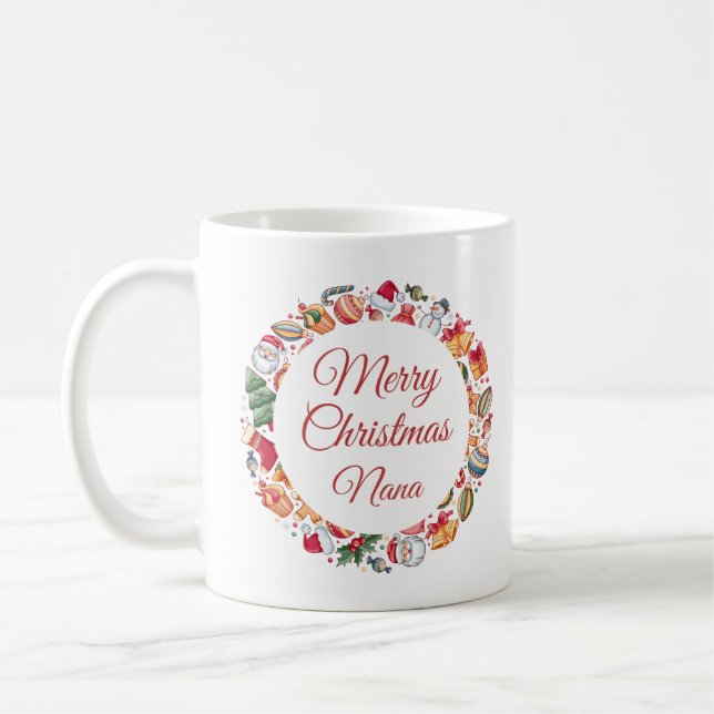 Minimalist Merry Christmas Wreath Nana Gift Coffee Mug (Left)