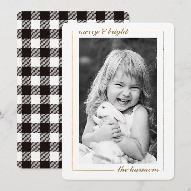 Minimalist Merry Gold Framed Photo Christmas card (Front/Back)