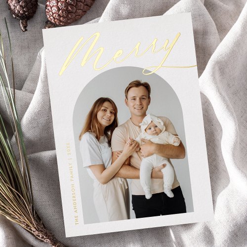 Minimalist Merry Gold Script 2 Photo Foil Holiday Card