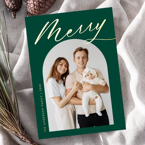 Minimalist Merry Green and Gold Script 2 Photo Foil Holiday Card