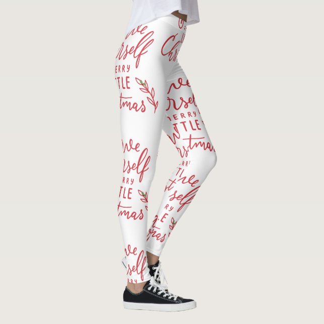 Minimalist Merry Little Christmas Red Script White Leggings (Right)