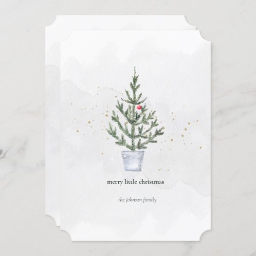 Minimalist Merry Little Christmas Tree Watercolor  Holiday Card