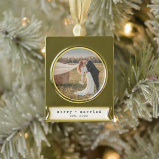 Minimalist Merry & Married First Christmas Gold Plated Banner Ornament