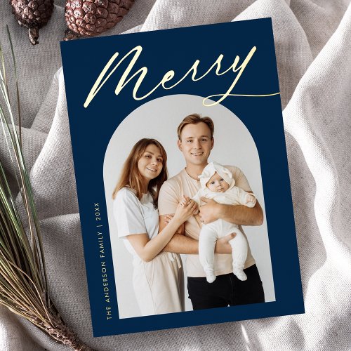 Minimalist Merry Navy and Gold Script 2 Photo Foil Holiday Card