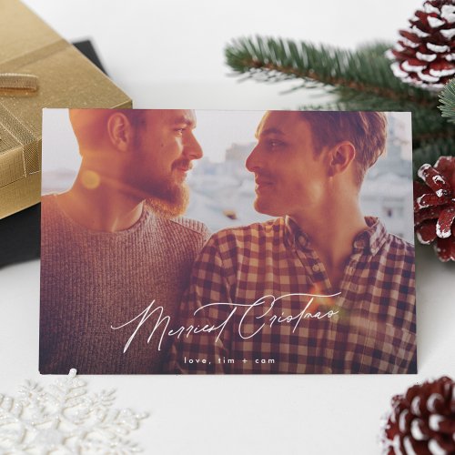 Minimalist Merry One Photo Christmas Calligraphy Holiday Card