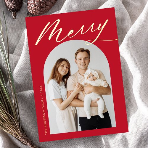 Minimalist Merry Red and Gold Script 2 Photo Foil Holiday Card