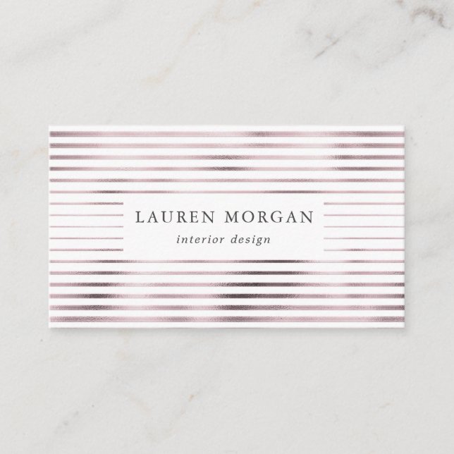 minimalist metallic blush pink stripes business card (Front)