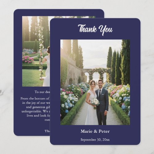 Minimalist Midnight Blue Wedding Photo Thank You Card