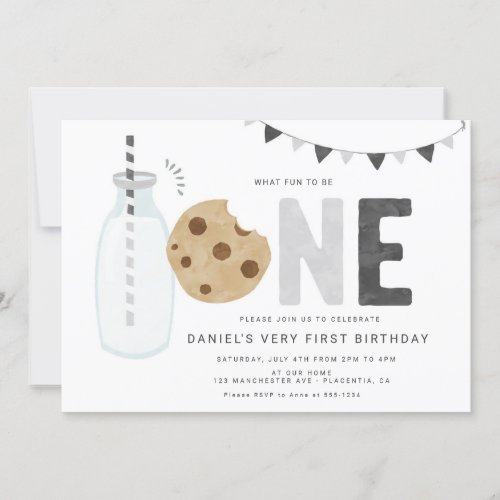 Minimalist Milk and Cookies First birthday Invitation