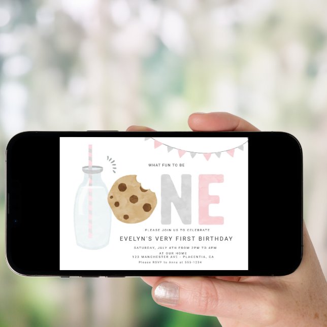 Minimalist Milk and Cookies Girl First birthday Invitation (Front Digital)