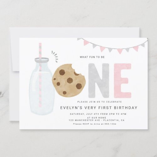 Minimalist Milk and Cookies Girl First birthday Invitation