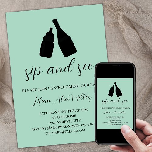 Minimalist Mint Baby Bottle Champagne Sip And See Invitation