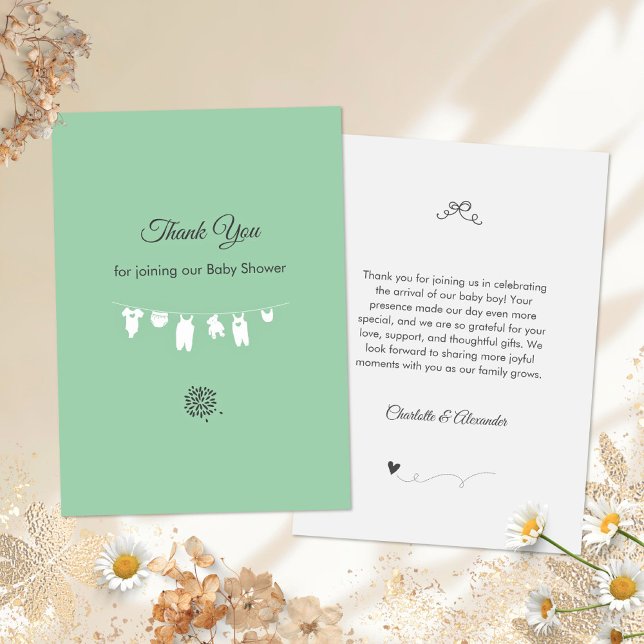 Minimalist Mint Green Gender Neutral Baby Shower Thank You Card (Minimalist Mint Clothesline Baby Shower Thank You Card ©Susanne Sachers - Sunny Mind Design 🌞)