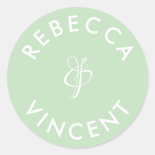 Minimalist Mint Green Wedding Personalized Names Classic Round Sticker