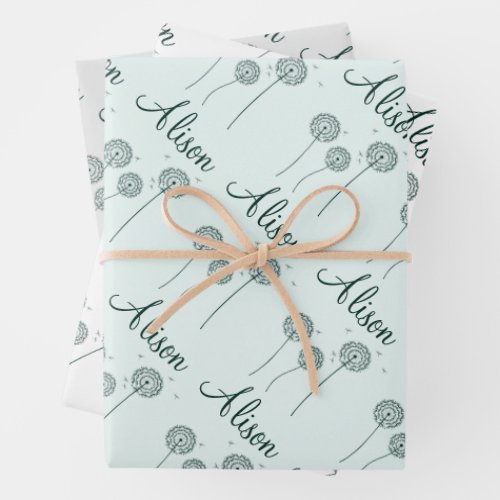 Minimalist Mint Grey White Dandelion Name Floral  Wrapping Paper Sheets