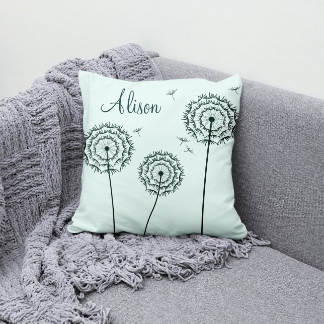 Minimalist Mint White Dandelion Flowers Name  Throw Pillow (Creator Uploaded)