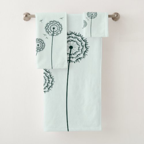 Minimalist Mint  White Dandelion Monogram Floral  Bath Towel Set