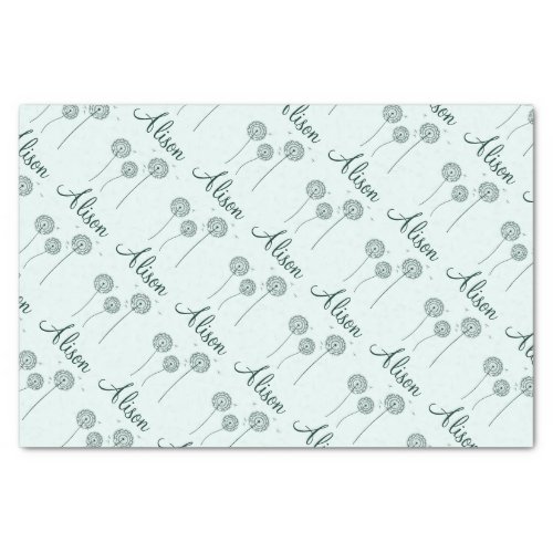 Minimalist Mint White Dandelion Name Cute Floral  Tissue Paper