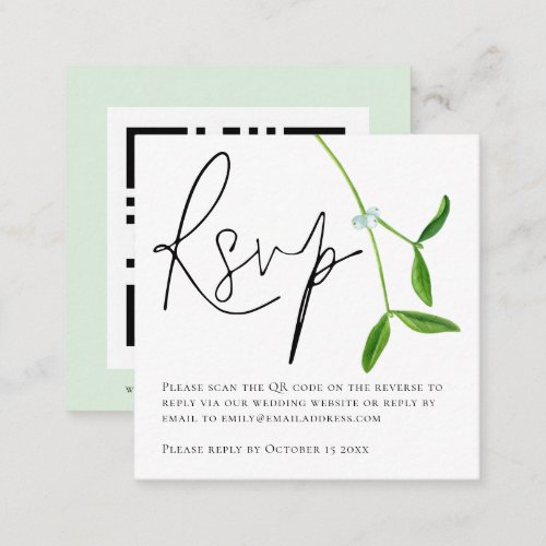 Minimalist Mistletoe Script QR Code Wedding RSVP E Enclosure Card