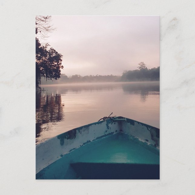 Minimalist Misty Boat on River Borneo Travel Photo Postcard (Front)