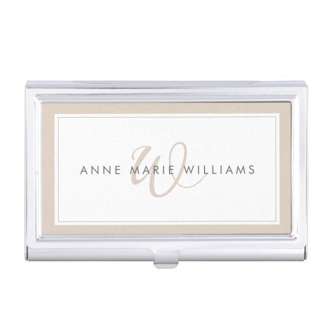 Minimalist Mocha Brown Script Two Border Monogram Business Card Case (Front)