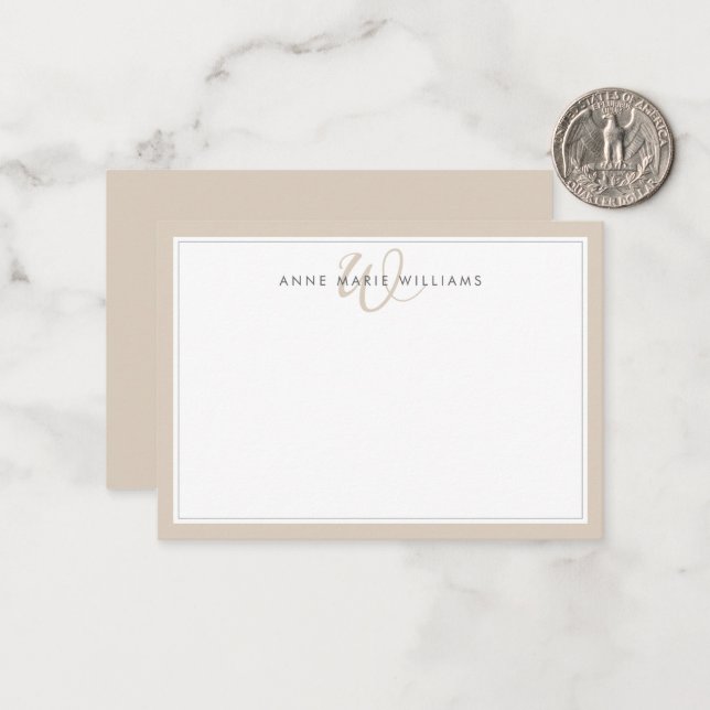 Minimalist Mocha Brown Two Border Monogram  Note Card (Front/Back In Situ)