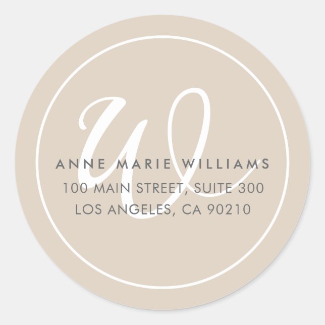 Minimalist Mocha Brown White Border Monogram Classic Round Sticker (Front)