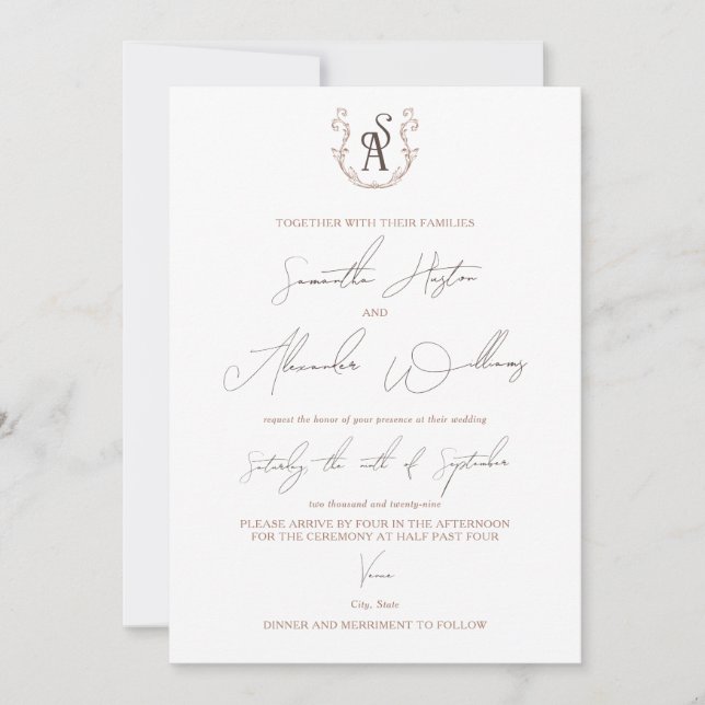 Minimalist Mocha Mousse Preppy Calligraphy Wedding Invitation (Front)