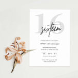 Minimalist Modern 16th Birthday Party Invitation<br><div class="desc">This minimalist typography 16th birthday party invitation is perfect for a modern birthday party. The simple design features classic minimalist black and white typography with a modern feel. Customisable in any colour. Keep the design minimal and elegant, as is, or personalise it by adding your own graphics and artwork. For...</div>