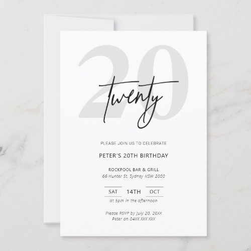Minimalist Modern 20th Birthday Party Invitation