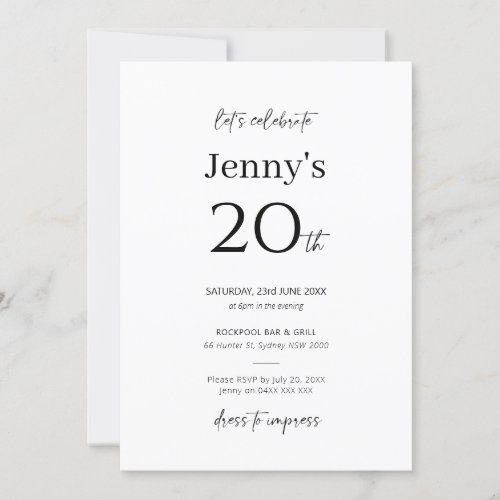 Minimalist Modern 20th Birthday Party Invitation