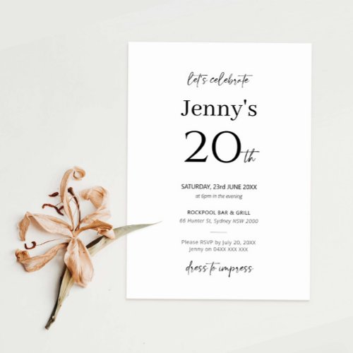 Minimalist Modern 20th Birthday Party Invitation